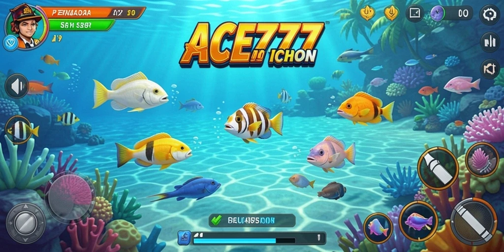 Tangkapan layar utama ACE777 menunjukkan aksi seru dalam menembak ikan.