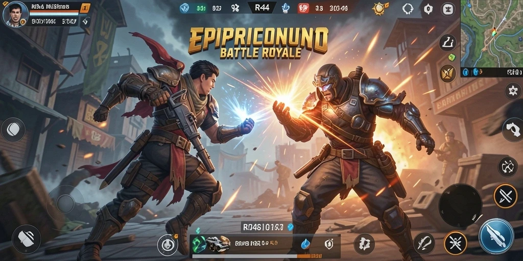 Screenshot gameplay RR44 menampilkan aksi seru dalam pertarungan Battle Royale.