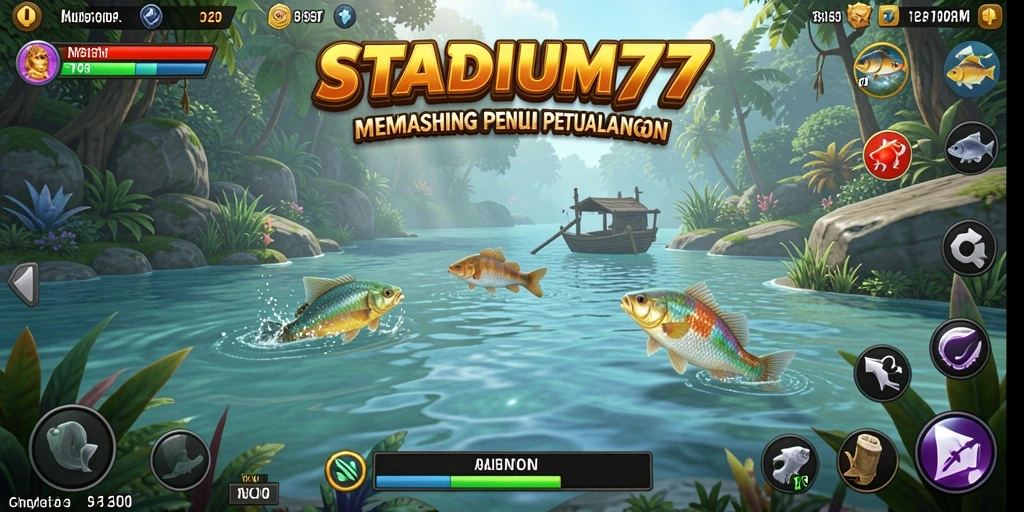 Layar permainan STADIUM77 dengan berbagai ikan dan lokasi memancing.